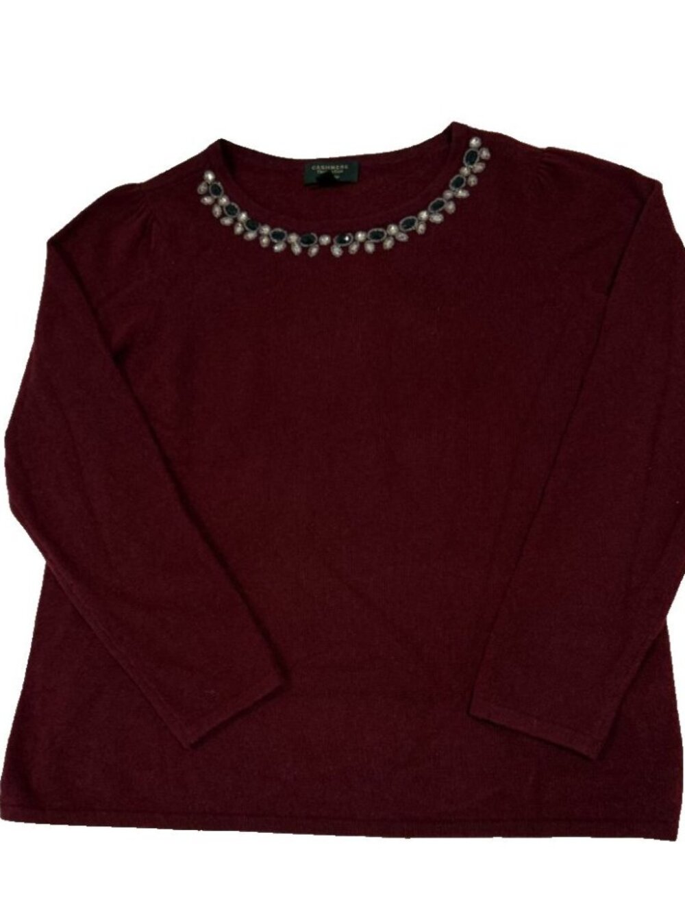 Charter Club Luxury Cashmere Sweater Large Burgundy Jeweled Rhinestone Neckline